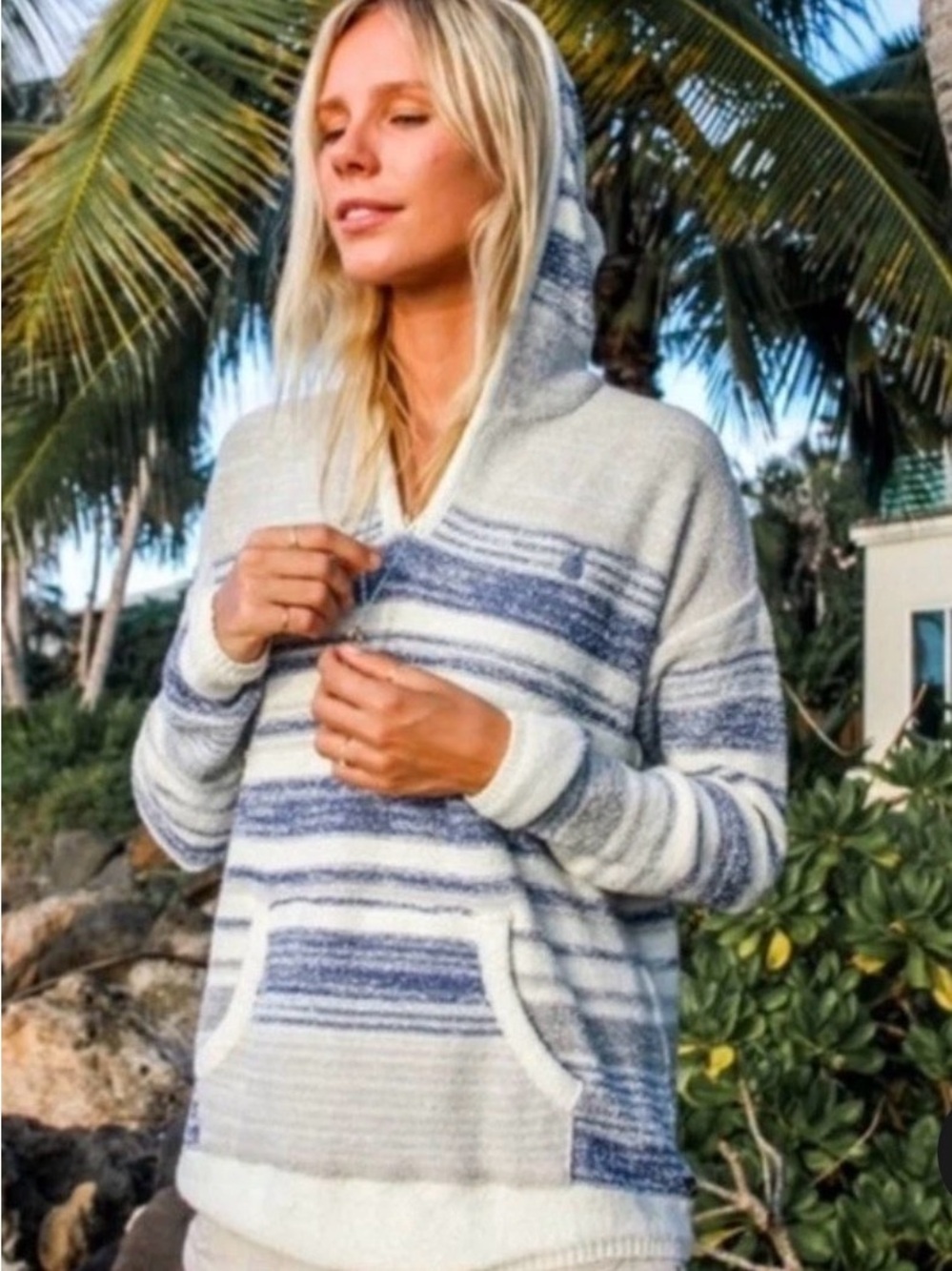 Lira V-Neck Baja Hoodie Sweater - Blue & Gray Stripe